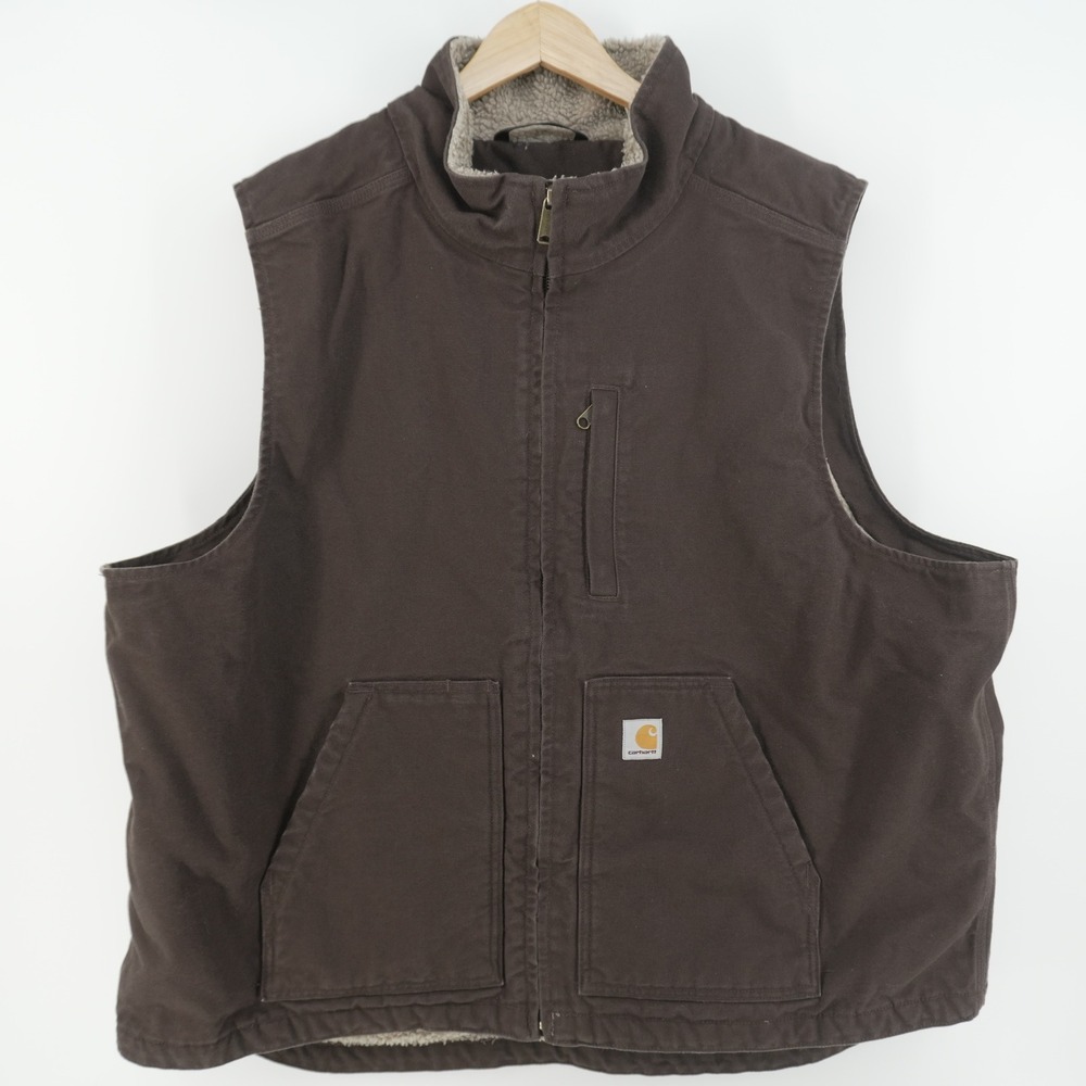 Carhartt Duck Canvas Vest Mens 2XL Brown Sherpa Lined Loose Fit OV4277-M